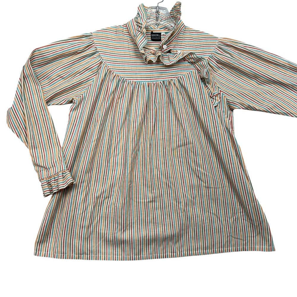 Simeon Blouse Womens Small Multi Stripe Vintage Ruffle Neck Long Sleeve Top
